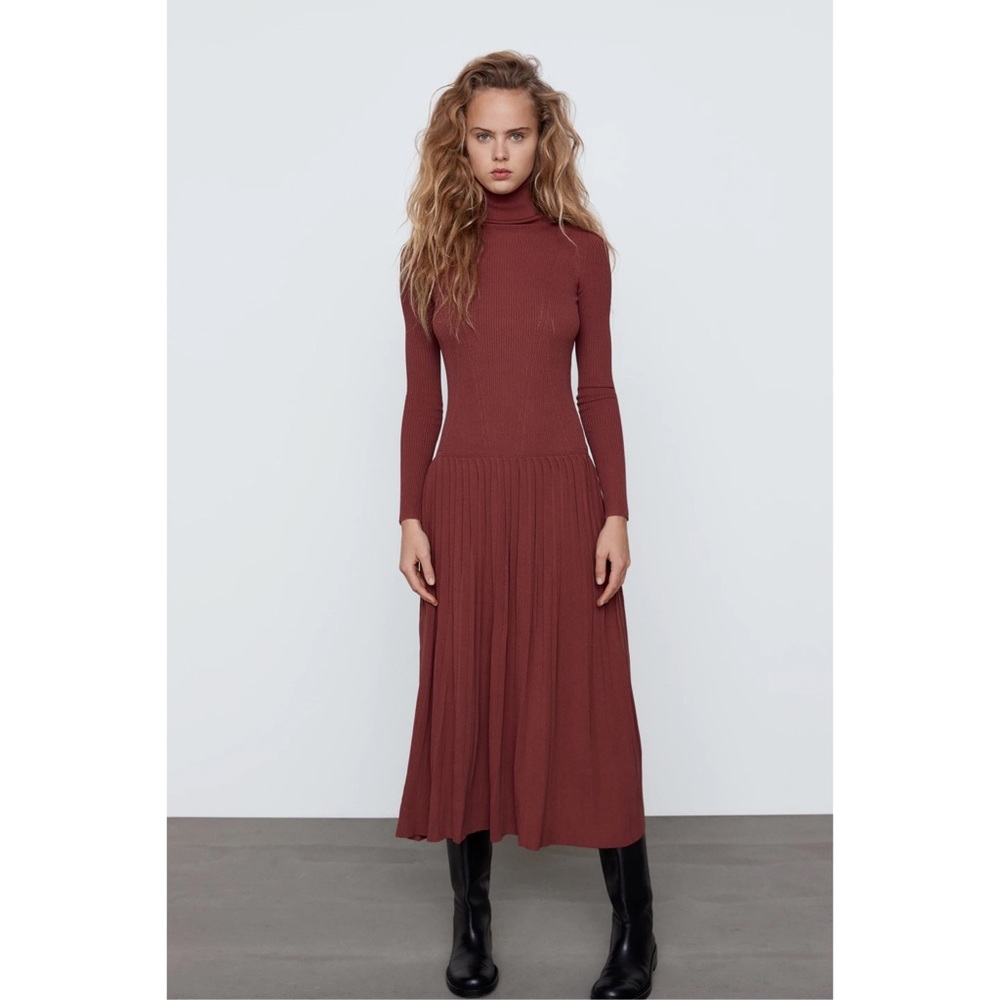 Zara Red Midi Sheath Dress Turtleneck Long Sleeve